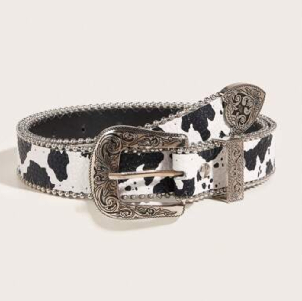 Shein Faux Cow Hide Black & White Belt with Silver Buckle NWT